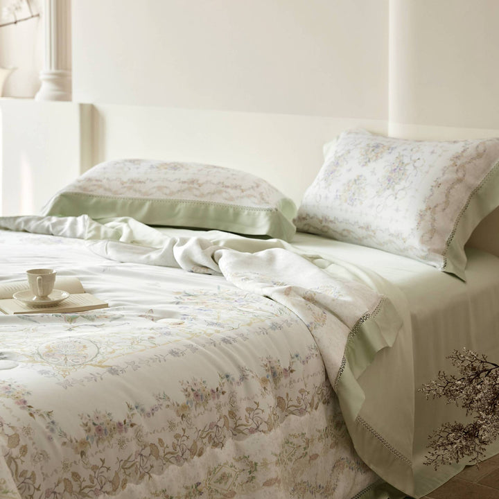 Elegant satin bedding set with floral watercolor print and ruffled bed skirt