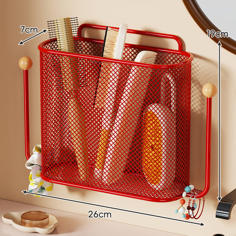Wall-Mounted Mesh Bathroom Organizer Basket with Hooks and Removable Handle