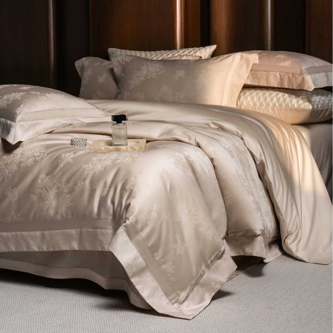 Luxury Jacquard Satin Duvet Cover Set with Botanical Embossed Weave and Oxford Pillow Shams
