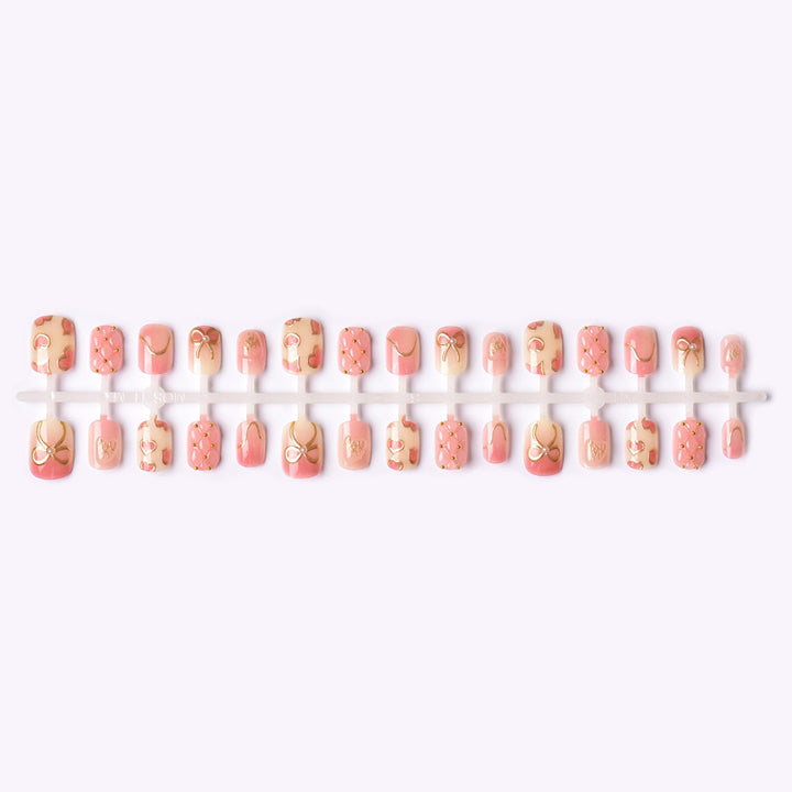 Elegant Heart and Ribbon-Themed Press-On Nail Set Stornfield