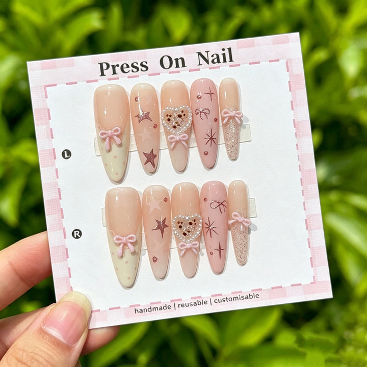 Decorative Press-On Nail Art Set with Bow and Heart Designs