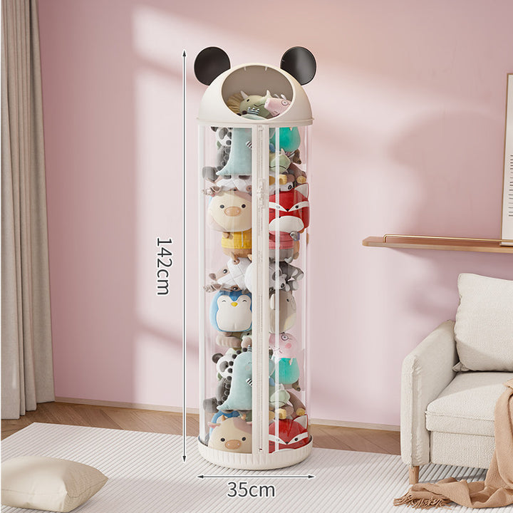 Vertical Clear Cylinder Plush Toy Storage Tower with Divided Shelves and Caster Base