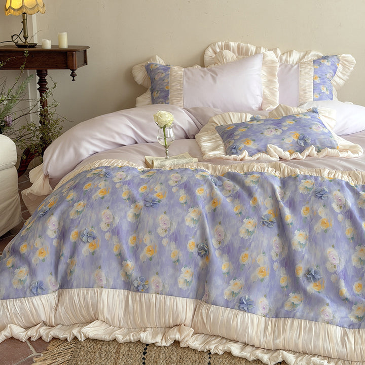 Floral duvet cover set made of cotton satin with pleated satin frill