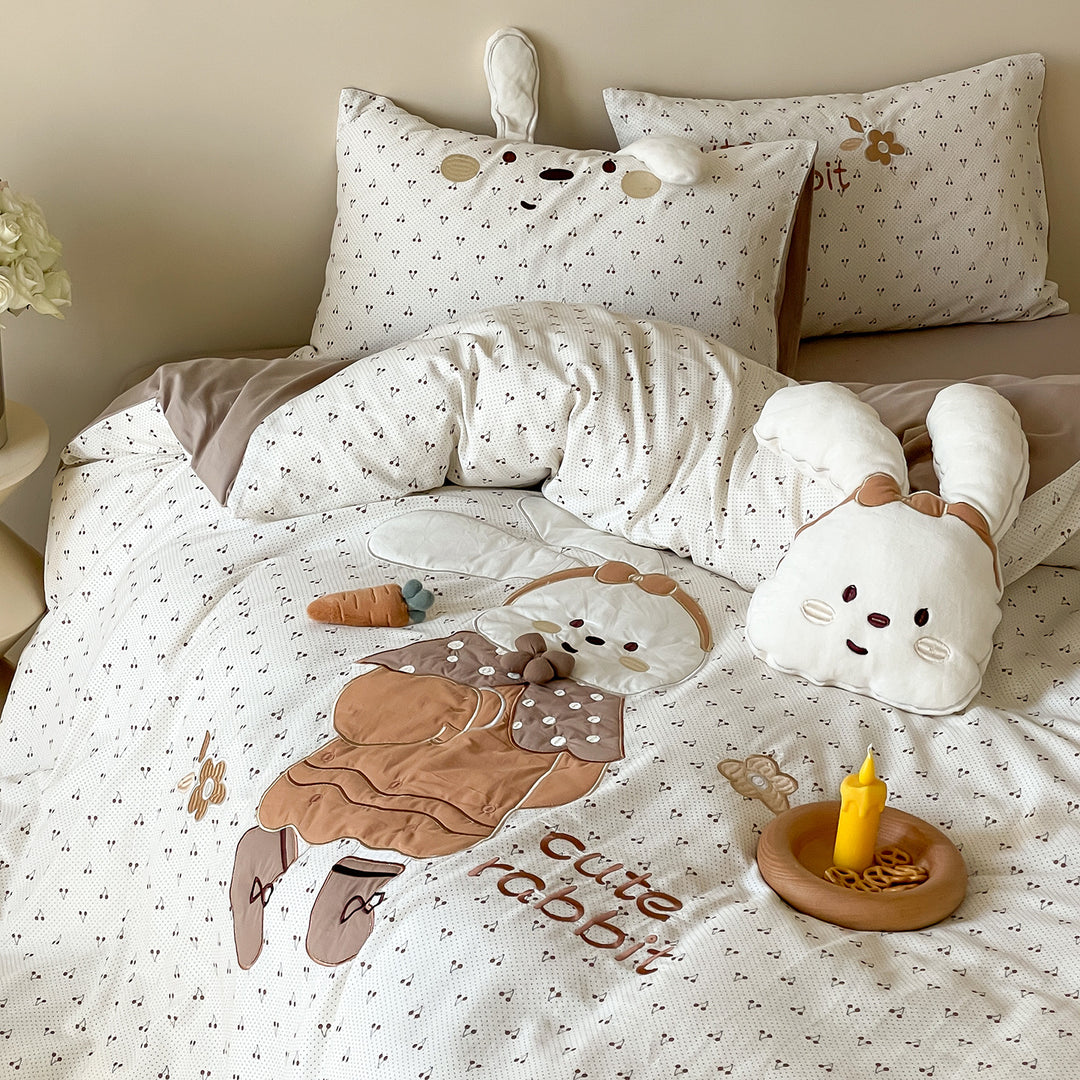 Children's Cotton Duvet Cover Set with 3D Rabbit Appliqué and Ear Pillow Shams