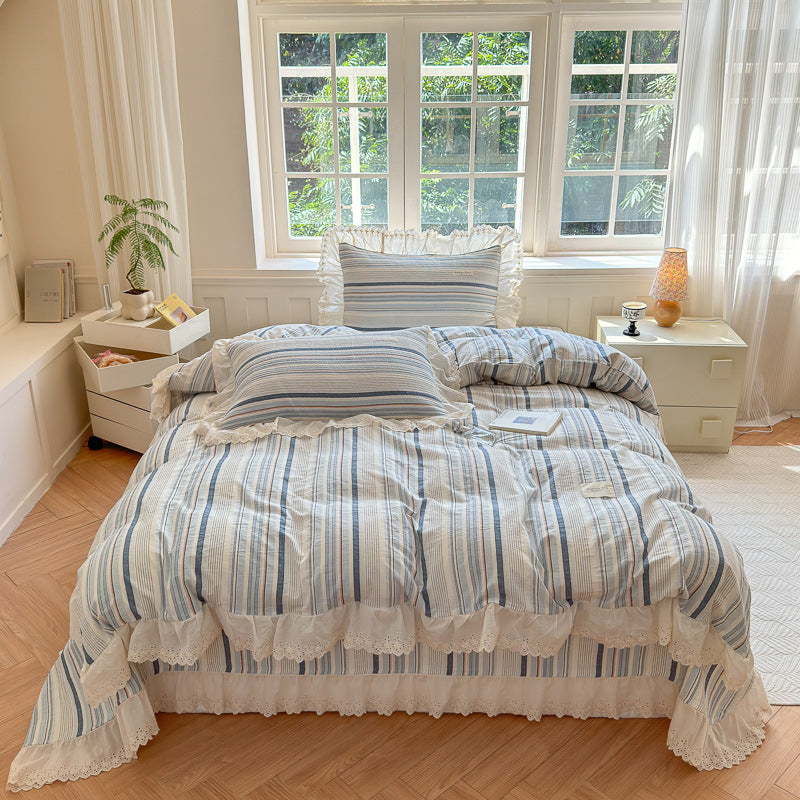 Ruffled Eyelet Lace Striped Cotton Duvet Cover Set with Frilled Pillow Shams