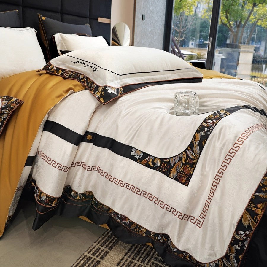 Luxury Jacquard Damask Cotton-Sateen Duvet Cover Set with Envelope Pillow Shams