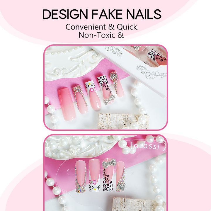 Glamorous artificial nail set with sparkling rhinestone embellishments and creative animal designs Stornfield