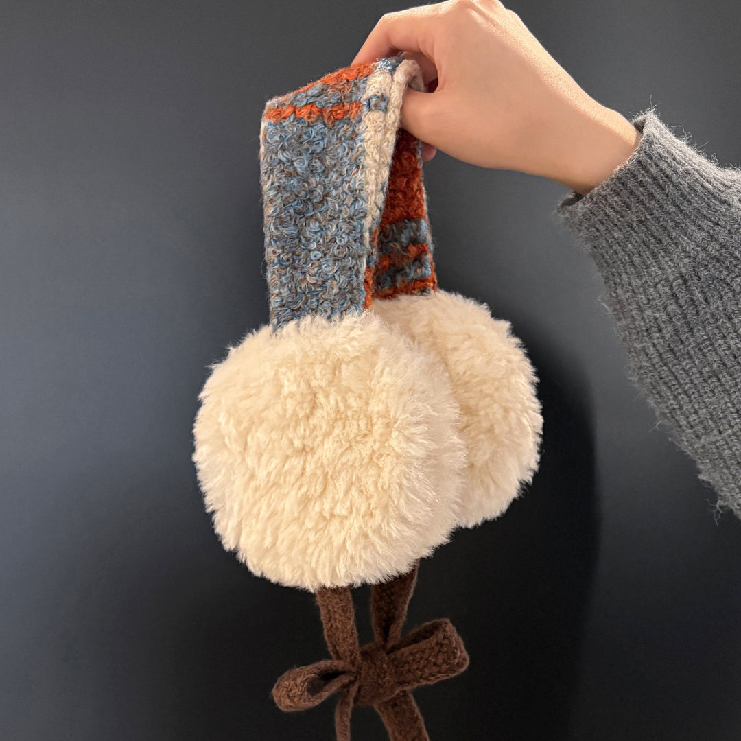 Plush Curly Faux-Fur Round Earmuffs with Patterned Knit Tie Headband Stornfield