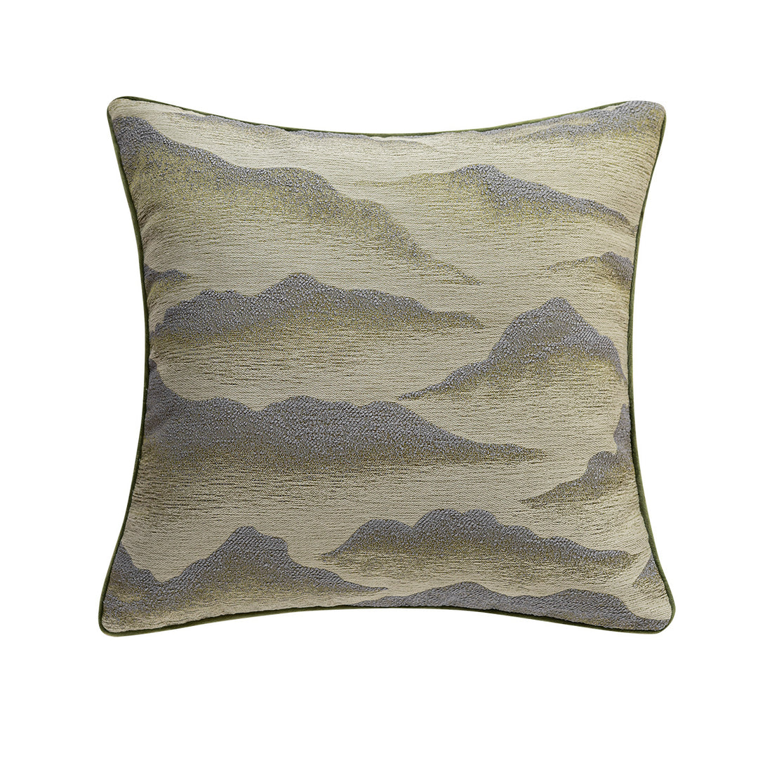 Elegant decorative pillow with elaborate mountain motif