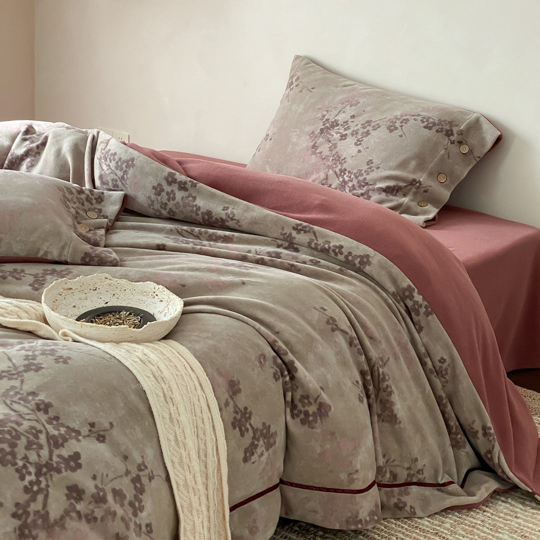Plush Brushed Microfiber Floral Duvet Cover Set with Button Closure and Piped Edge