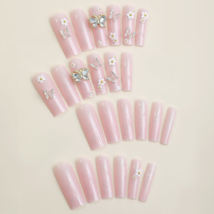 Acrylic Nail Set with Elegant 3D Flowers and Glitter Details Stornfield