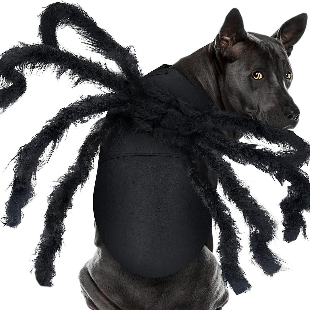 Adjustable pet spider costume with eight plush legs and velcro