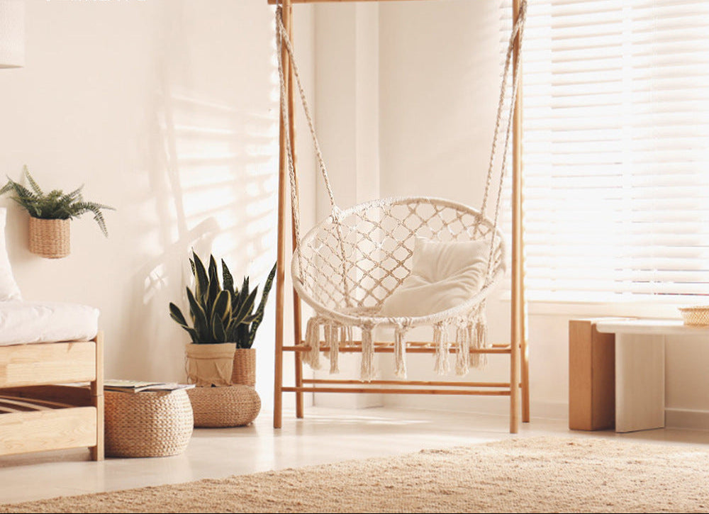 Macrame hanging chair with complete ceiling mounting kit and decorative tassel fringe Stornfield
