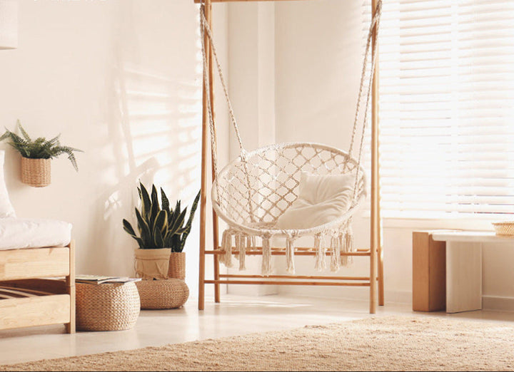 Macrame hanging chair with complete ceiling mounting kit and decorative tassel fringe Stornfield