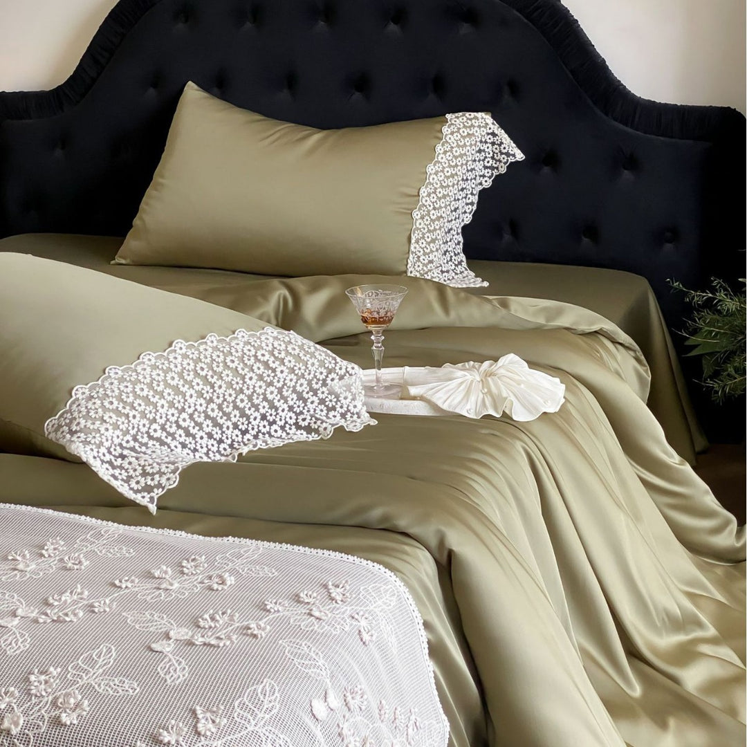 Satin bedding set with lace pillowcase and embroidered bedspread