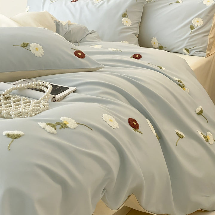 Embroidered Floral Cotton-Sateen Duvet Cover Ensemble with Reversible Satin Back & Oxford Shams