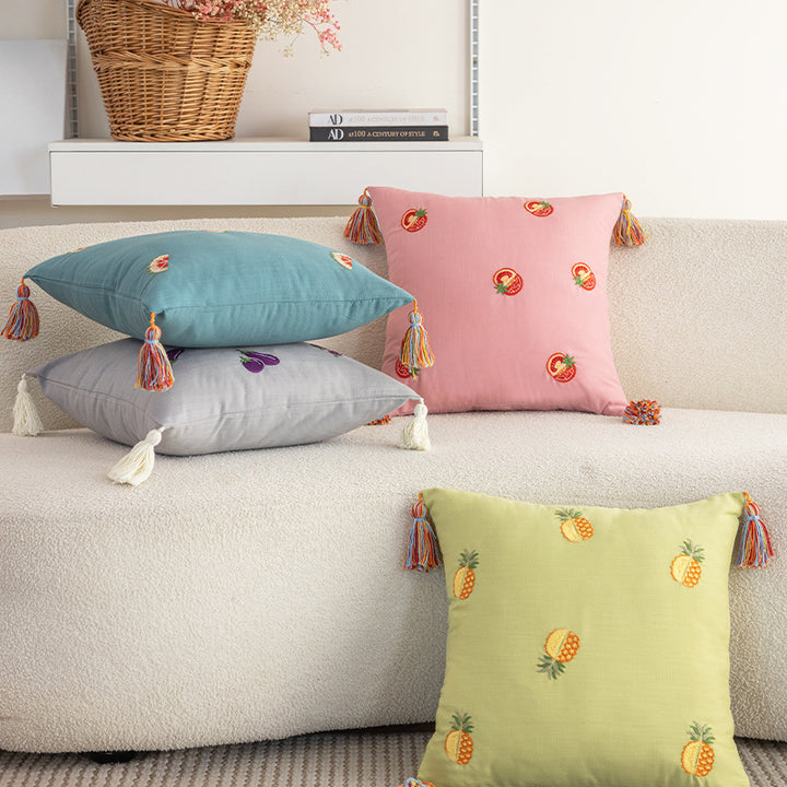 Embroidered Pineapple Tassel Decorative Throw Pillow