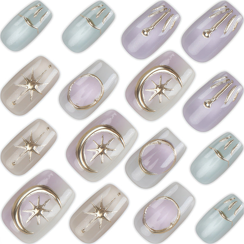Artistic Press-On Nail Set with Decorative Celestial Designs Stornfield