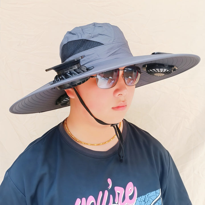 Wide-brimmed sun hat with detachable swivel solar fans and adjustable chin strap Stornfield