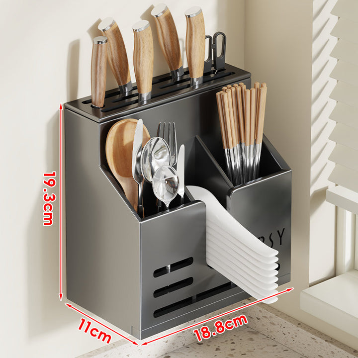 Wall-Mounted Stainless Steel Kitchen Knife and Cutlery Organizer with Drainage and Multi-Compartment Storage