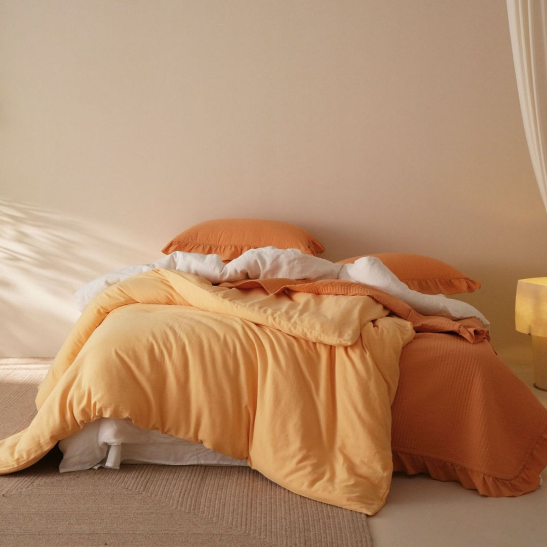 Reversible Washed Cotton Duvet Cover Set with Ruffled Edge and Plush Down-Alternative Comforter