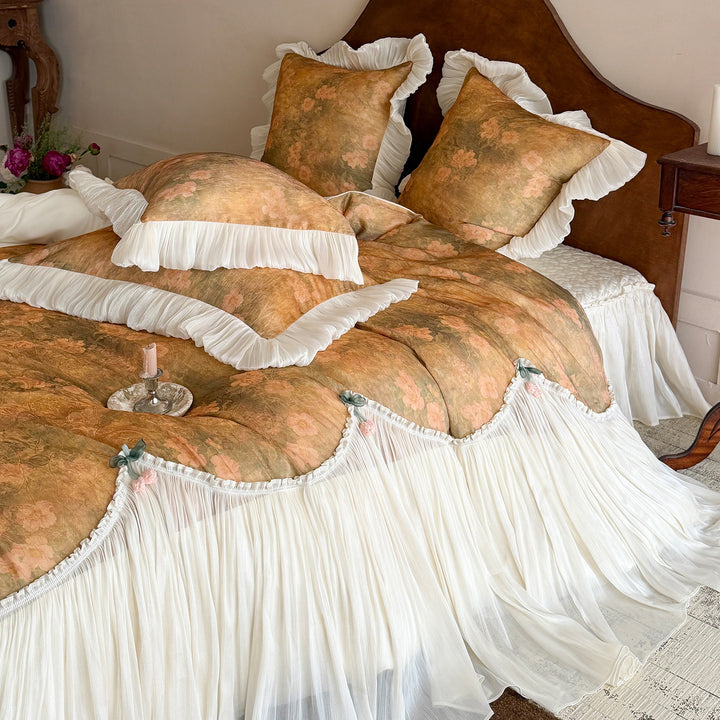 Vintage Floral Ruffled Duvet Cover and Pillowcase Set