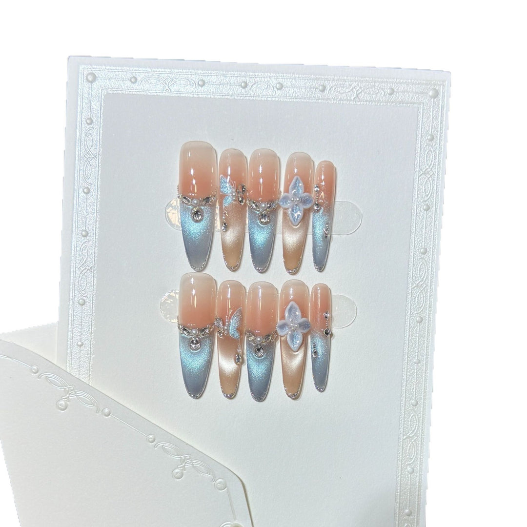 Artistic Press-On Nail Set with Floral and Gemstone Accents Stornfield