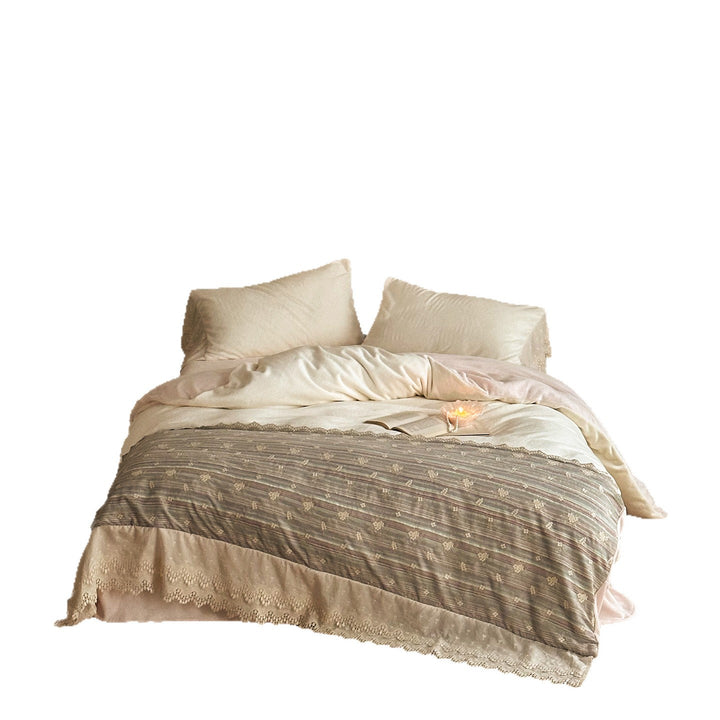 Vintage-Inspired Lace-Trim Cotton Duvet Cover Set with Embroidered Bed Skirt and Pillow Shams