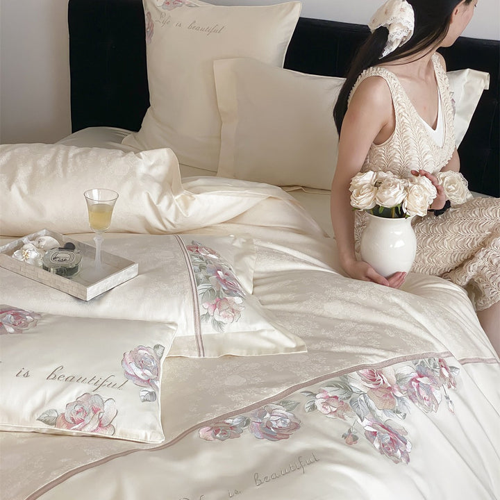 Floral Embroidered Sateen Duvet Cover Set with Watercolor Rose Border