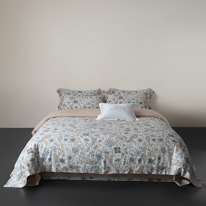 Linen-look cotton duvet cover set with delicate watercolor flower pattern and reversible function