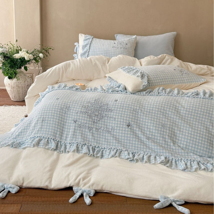 Ruffled Gingham Cotton Duvet Cover Set with Embroidered Center Panel & Tie Closures