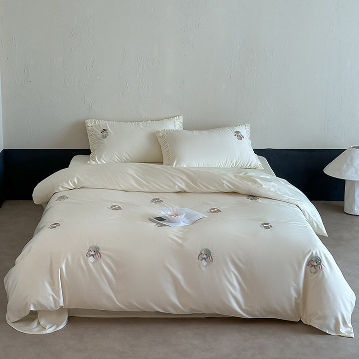 Silk-Feel Cotton Sateen Embroidered Bunny Duvet Cover Set