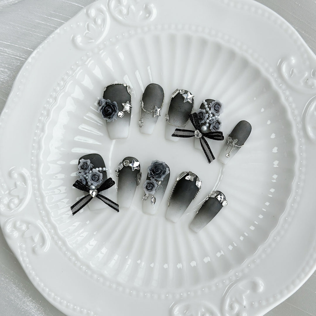 Decorative Floral Press-On Nail Set with Gem Accents