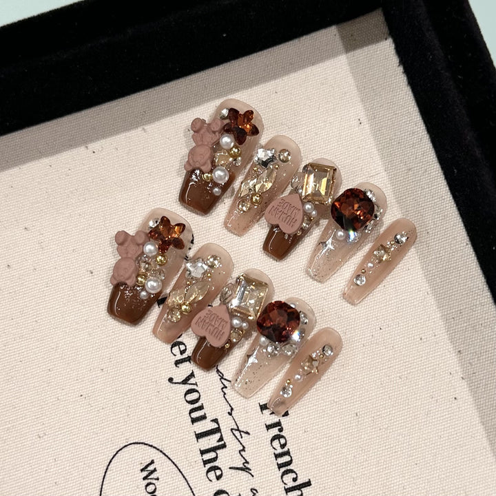 Decorative Press-On Nail Art Set with Unique 3D Accents
