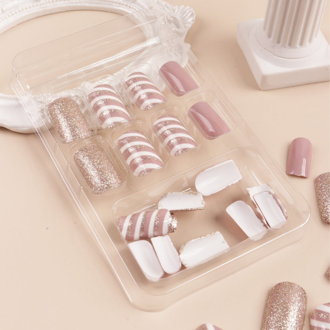 Glamorous Glitter and Striped Press-On Nail Art Stornfield