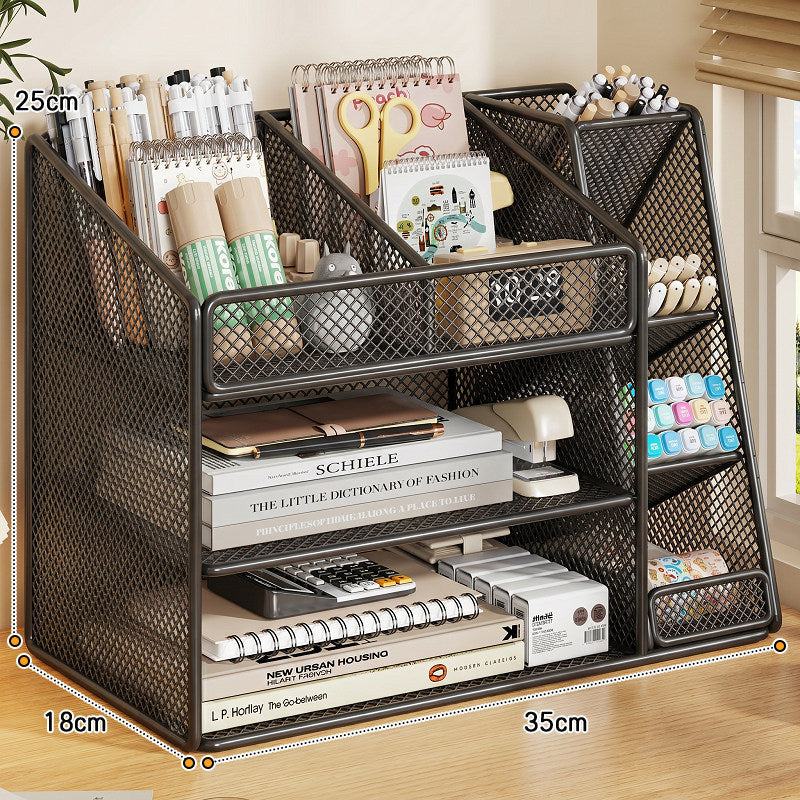 Slanted Mesh Desktop Multi-Compartment Stationery and Document Organizer
