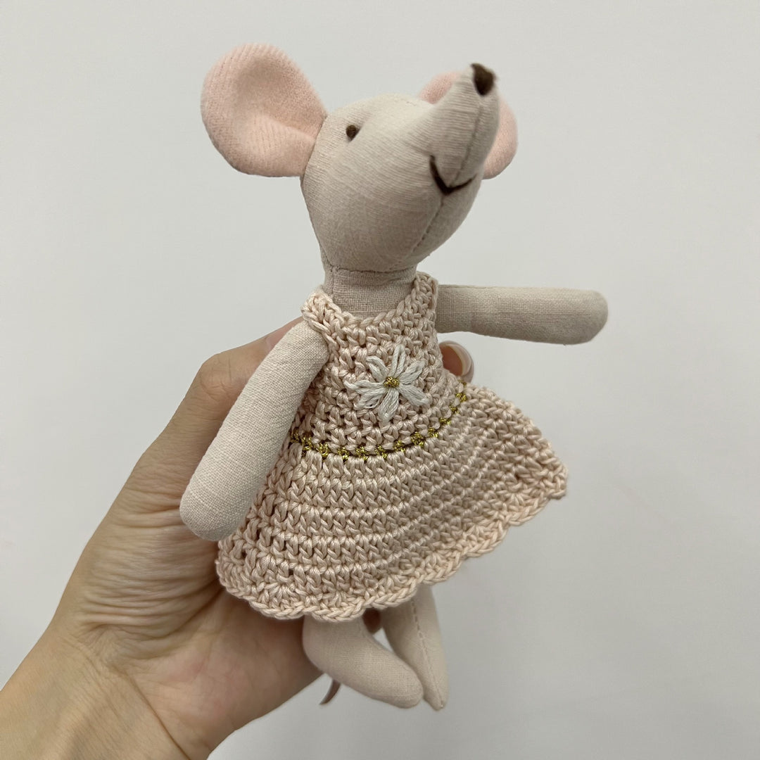 Handcrafted Cotton Plush Mouse Doll with Crochet Dress