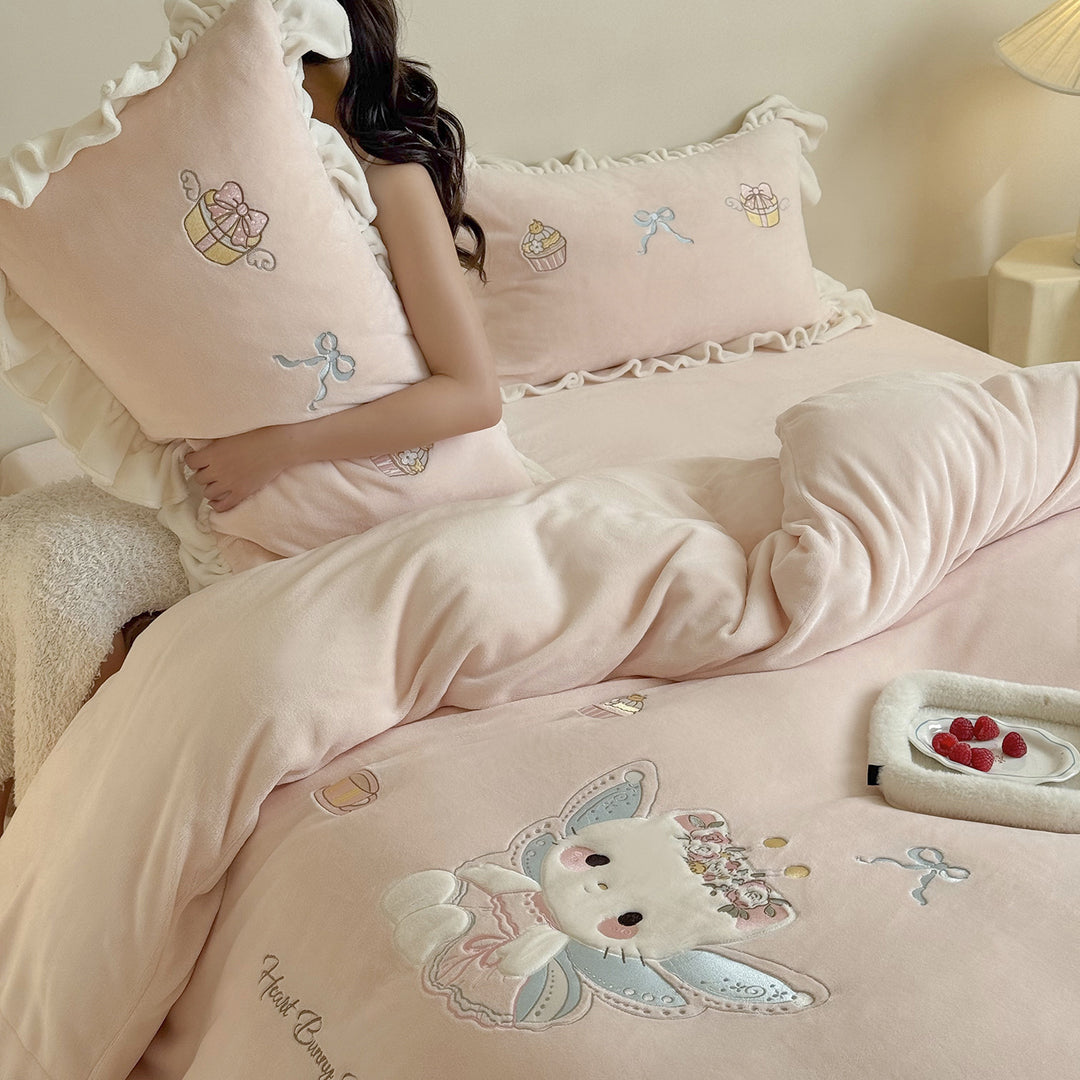 Princess Bunny Embroidered Ruffled Velvet Comforter Duvet Set