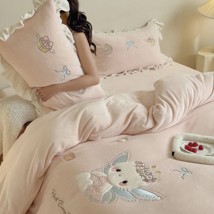 Princess Bunny Embroidered Ruffled Velvet Comforter Duvet Set