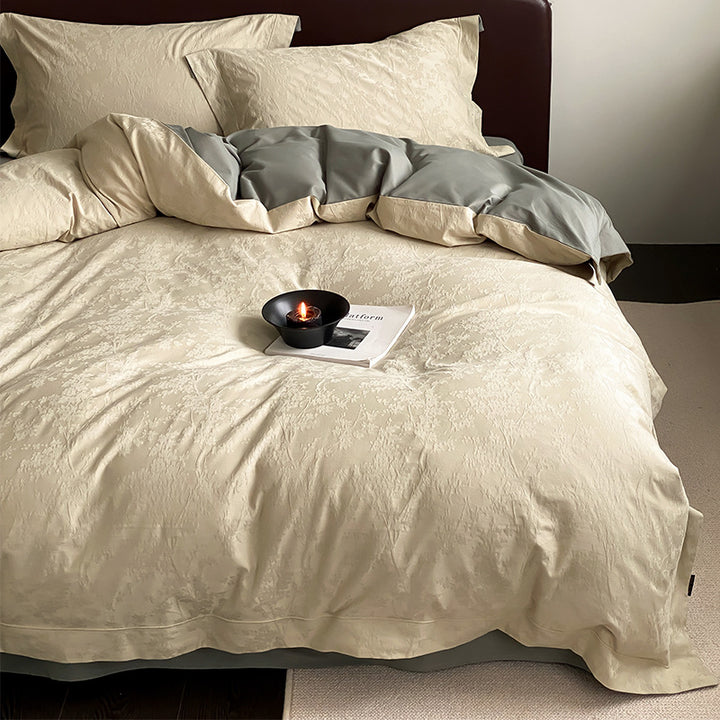 Reversible Jacquard Cotton-Sateen Duvet Cover Set with Floral Damask Texture