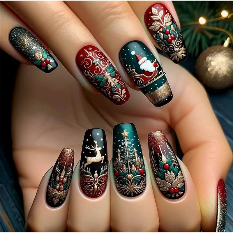 Festive Holiday-Themed Press-On Nail Art Set Stornfield