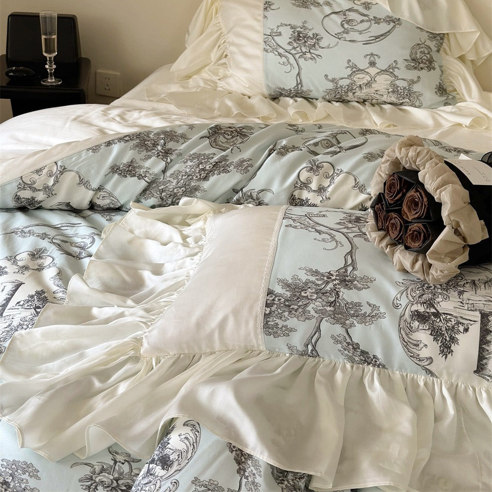 Romantic satin bedding set with ruffles, frills, and classic toile motif
