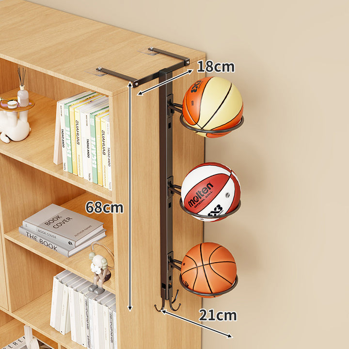Multi-Ball Vertical Over-Shelf Sports Ball Organizer with Circular Cradles and Hook Storage