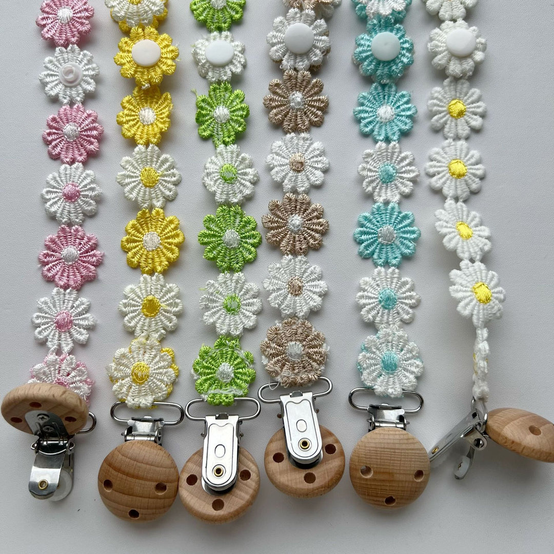 Crochet Floral Pacifier Clip with Wooden Bead Clip
