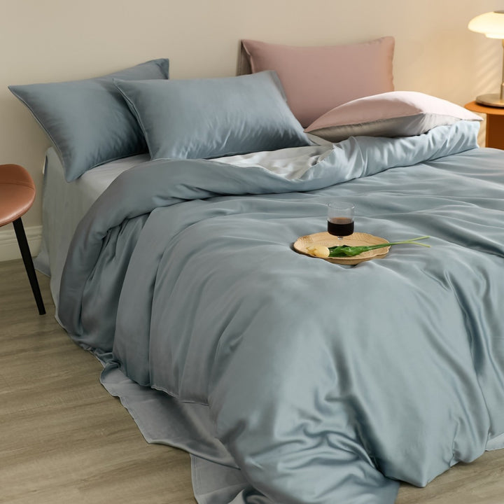 Reversible satin bedding set with a silky glossy feel and skin-friendly cotton blend