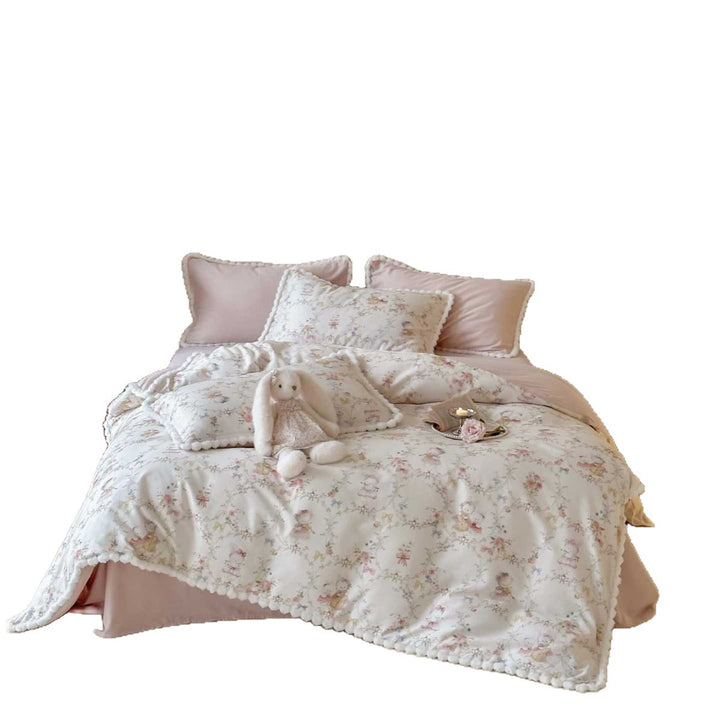 Romantic Floral Cotton Duvet Cover Set with Pom-Pom Trim and Matching Pillow Shams