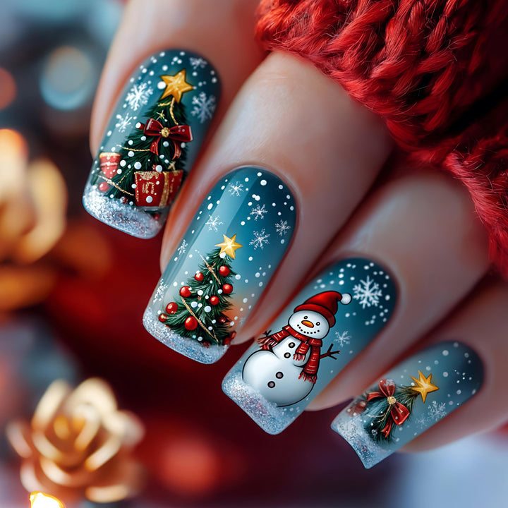 Artificial nails with festive Christmas tree and snowman motif Stornfield