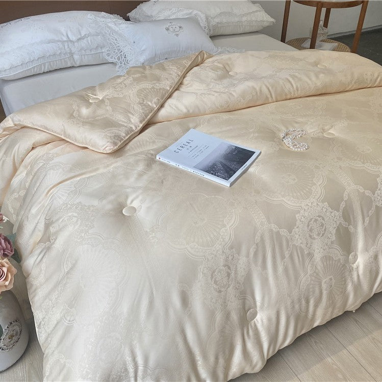 Luxury Jacquard Satin Duvet Cover Ensemble with Tufted Comforter Insert and Lace-Trim Pillow Shams