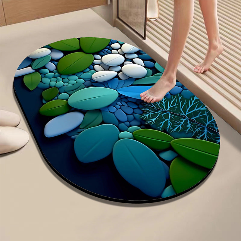 Artistic Leaf and Stone-Themed Bath Mat