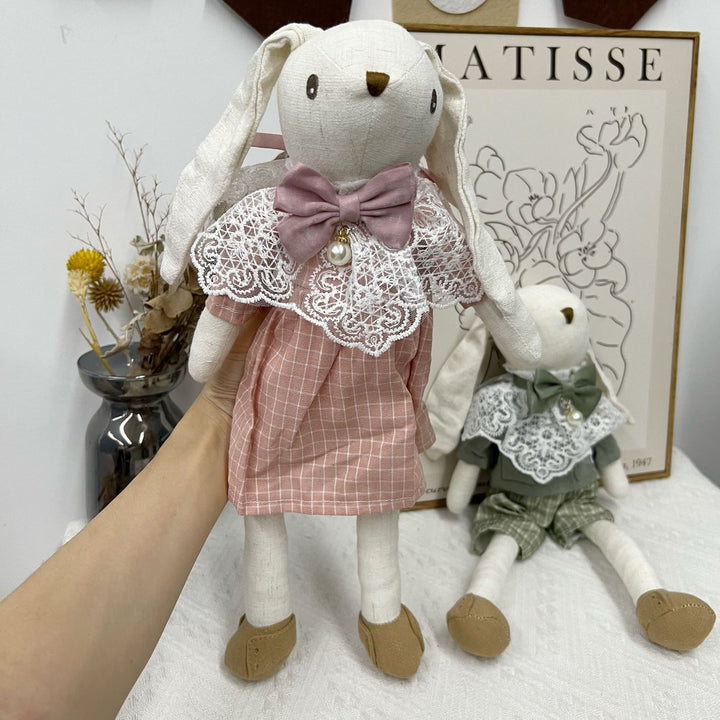 Handcrafted Linen Bunny Doll with Lace Collar and Pearl Bow Charm